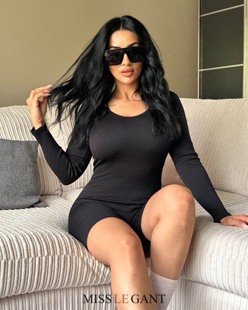 Ava Long Sleeve Round Neck Ribbed Unitard - Image 7