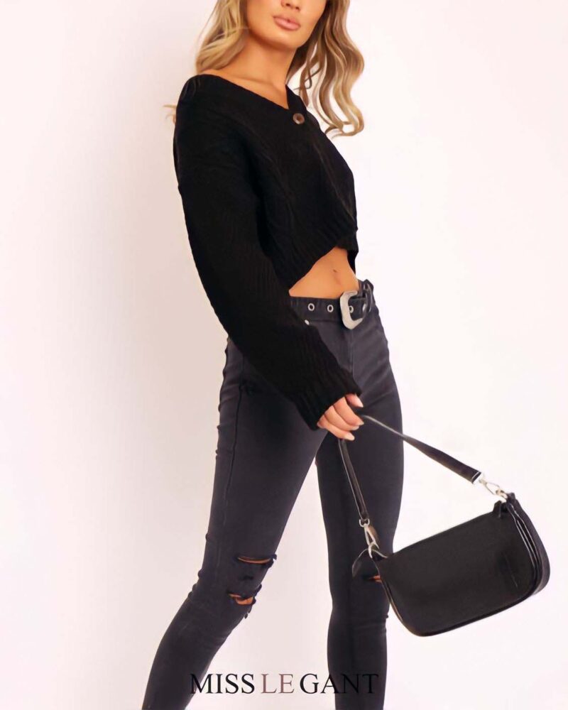 Black Cable Cropped Button up Cardigan - Image 4